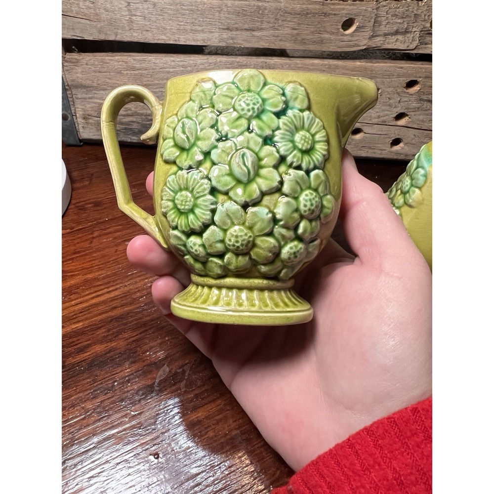Vtg Inarco Green Creamer and Pepper Shaker MCM Japan Granny Core 1960's Daisy - Picture 6 of 8